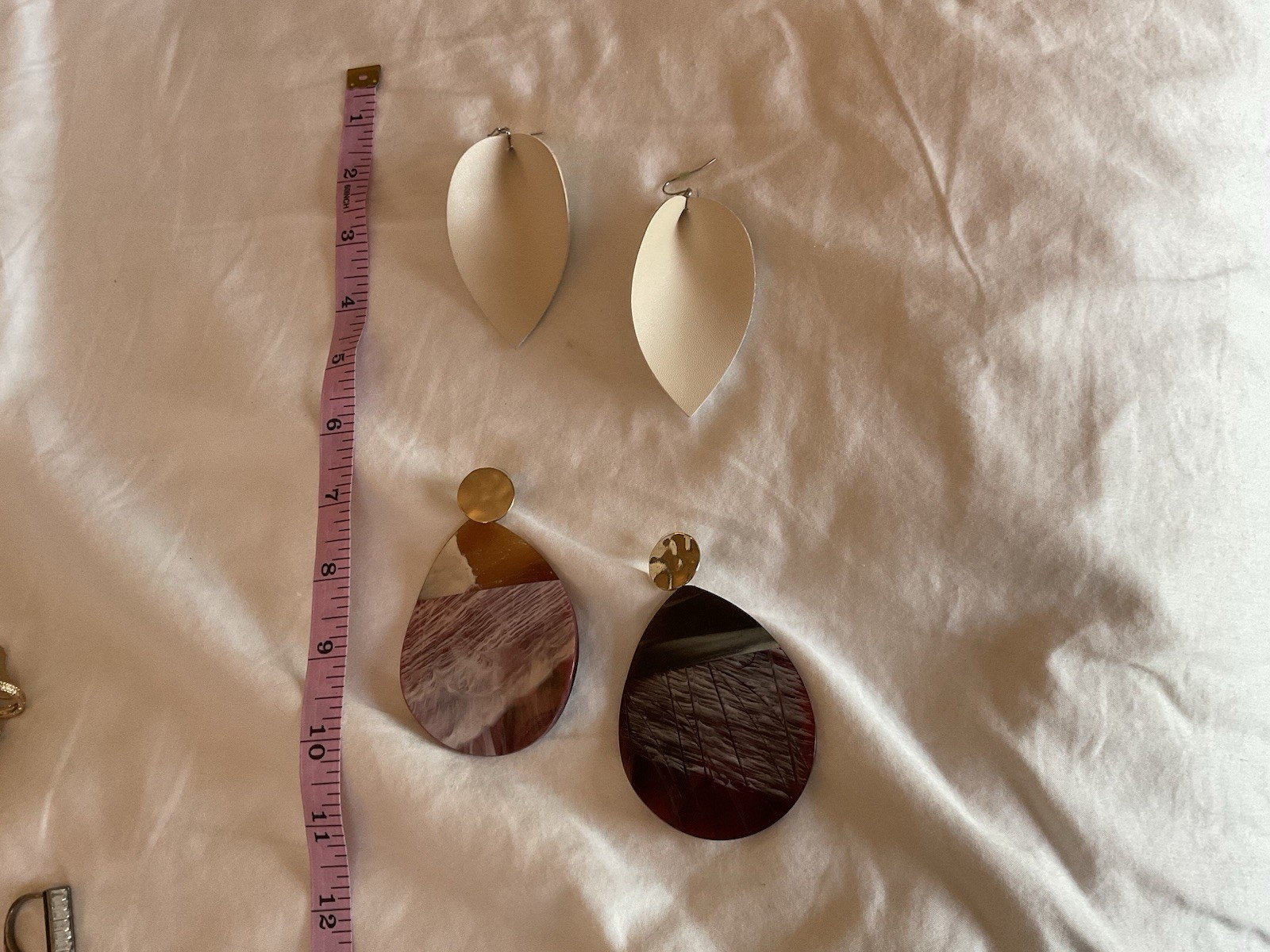 2 Boho Earrings Large Statement White Leather Hor… - image 2