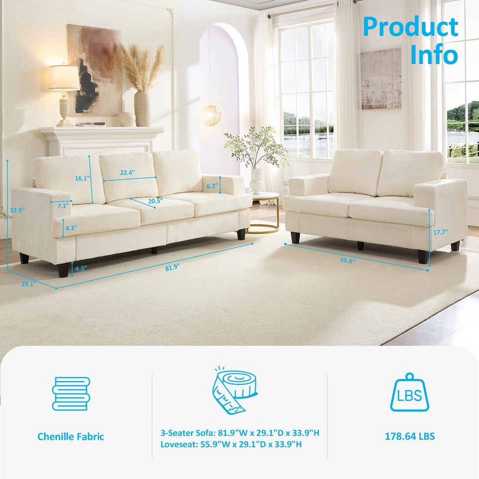 2 Piece Sofa Set, Living Room Furniture Sets, Chenille Sofa and ...