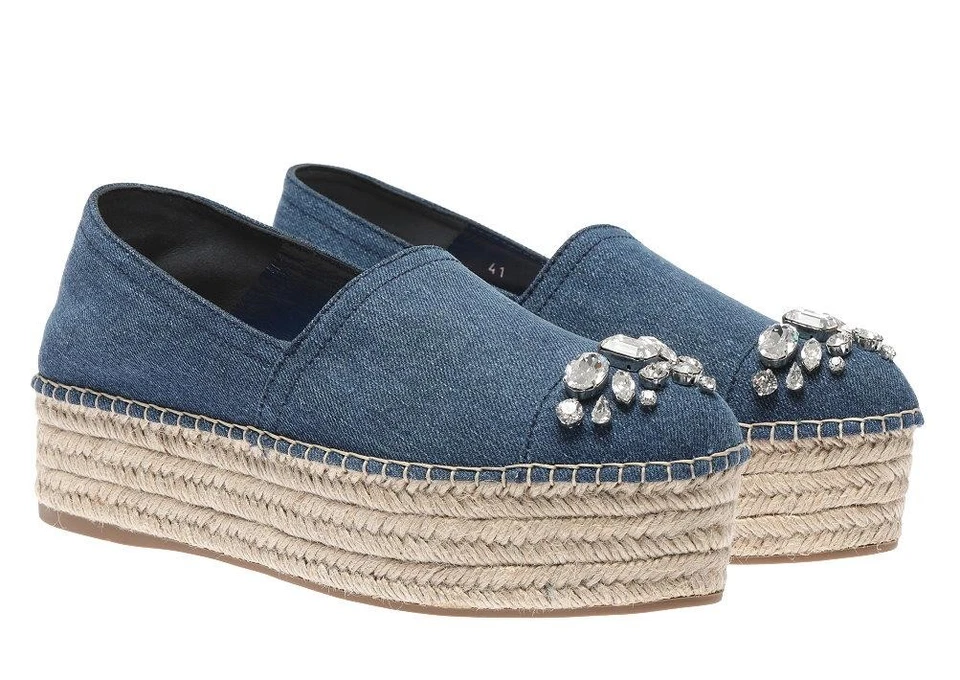 NUEVO MIU MIU PRADA DENIM CRISTALES ALPARGATAS CUÑA PLATAFORMA ZAPATOS 40.5/US 10.5 Foto 2 de 4