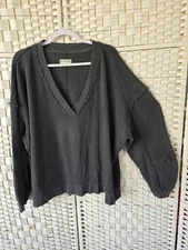 Womens We The Free L Ricky Thermal V-Neck Top Gray Oversized Slouchy Grunge