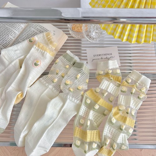 NEW 3 Pairs Womens Crew Socks Lot Lace Breathable Tulip Design Casual Socks 6-9 - Picture 2 of 14