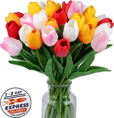 Tulipanes artificiales de seda, 15 unidades, tacto real, 35,5 cm, para primavera