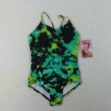 Kanu Surf Swimsuit Girls 10 Black Green One Piece Abstract Hurricane 9576