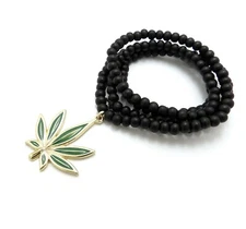 RAPPER'S MARIJUANA WEED LEAF PENDANT & 6mm 30" WOODEN CHAIN HIP HOP NECKLACE