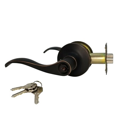 New Lever Door Lock Keyed Cylinder Entry Oil Rubbed Bronze Wave Handle & 3 Keys
