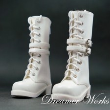 1/4 1/3 BJD Shoes PU Leather Mid-calf Boots Lace-up 2 Belts Round-toe White AOD