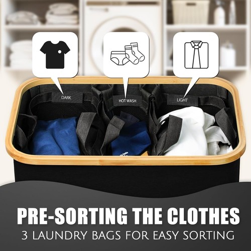 160L Extra Large 3-Compartment Clothes Organizer with Lid - Modern Black Hamper - Picture 4 of 9