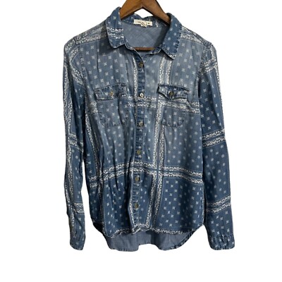 Life In Progress Womens Blue Chambray Southwestern Print Button Up Shirt Small