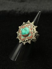 Tibetan Nepalese Vintage Beautiful Handmade Ring With Turquoise And Coral Stone