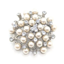 Vintage Large Round Rhinestone Faux Pearl Brooch Lapel Pin Modernist Classy