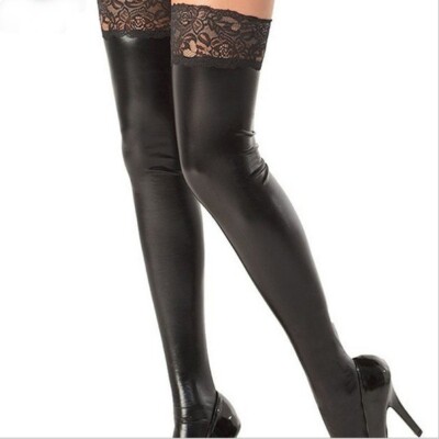 Damen Leggings Overknee Strümpfe PU Leder Wetlook Clubwear Spitze-Socken