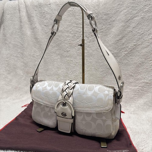 COACH Soho Signature Canvas Leather One Shoulder Bag Off White Buckle Authentic