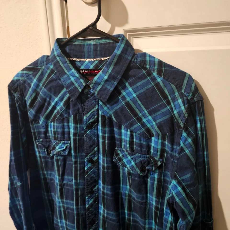 Mens Hawk Plaid Button Down Long Sleeve Shirt XL Blue Black - Image 2 of 4