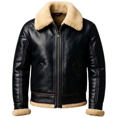Shearling Leather Aviator Jacket Men RAF B3 Flying Bomber Winter Fur Coat Black