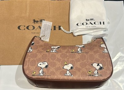 COACH x PEANUTS Teri Shoulder Bag Tan Brown Snoopy Print Signature Canvas CBJ88