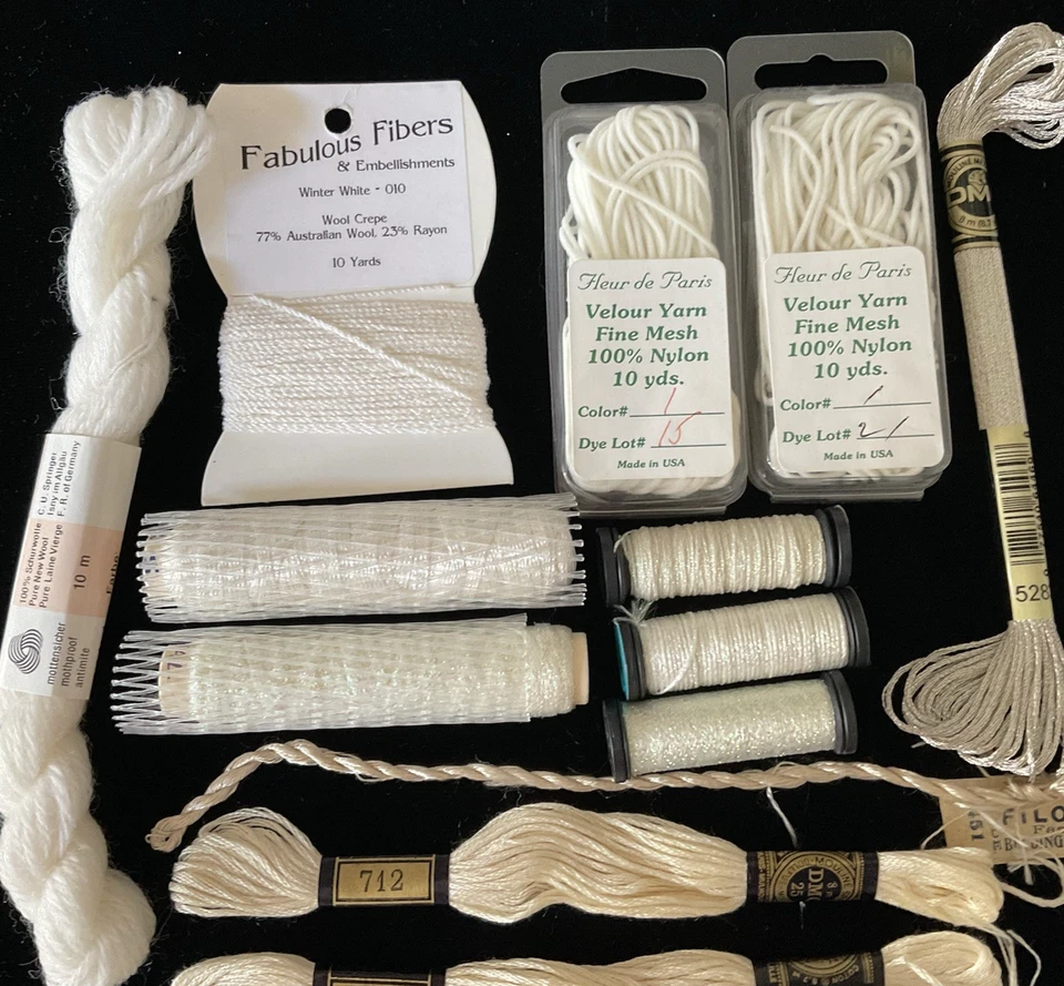 Needlepoint Embroidery Threads Lot of 16 A Variety of Whites Metallics Wool New - Image 2 of 4