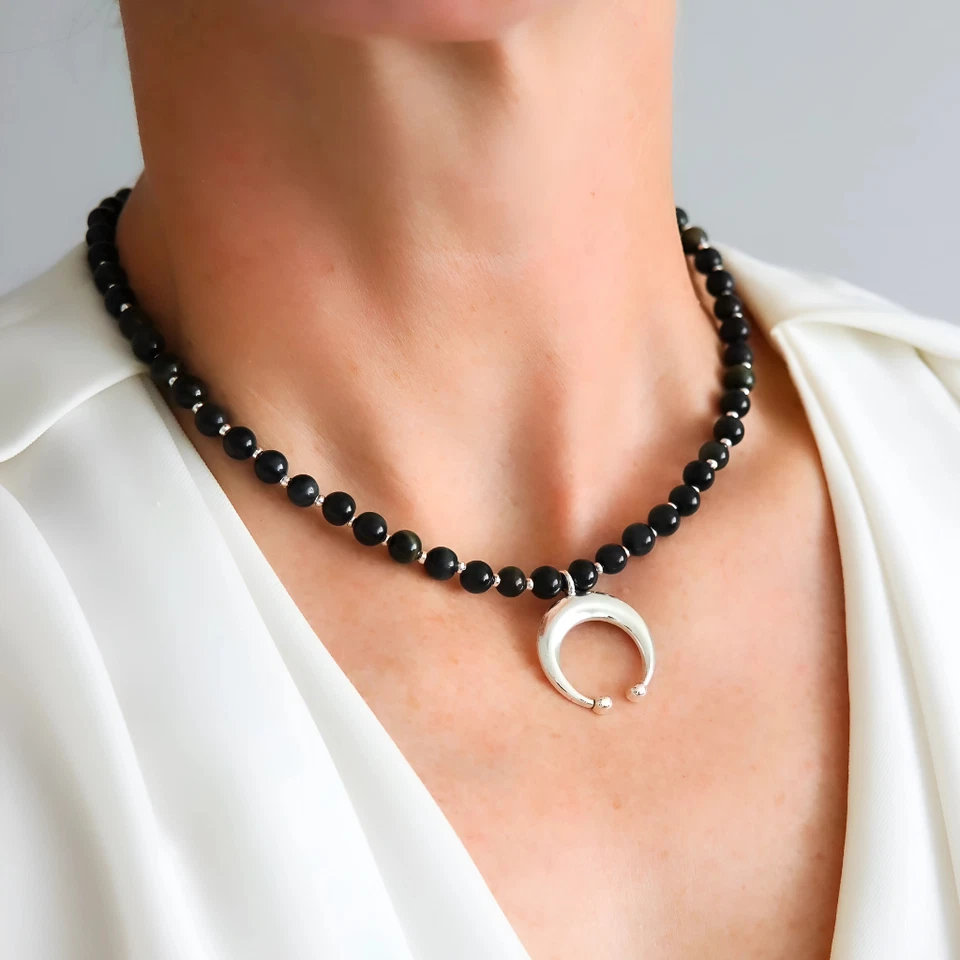 Blue Tiger's Eye Crescent Moon Choker Necklace - Image 3 of 4