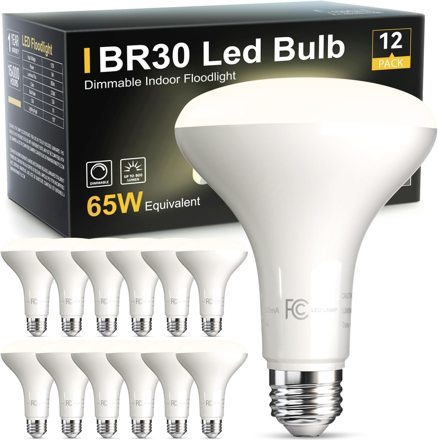 6 Pack BR30 LED Flood Light Bulb, Dimmable Indoor CRI80 9W E