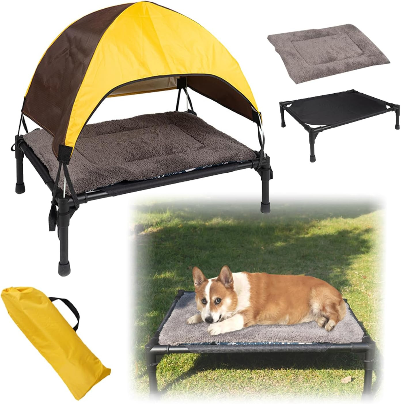 Lettino Rialzato Cani con Tettoia UV | Cuccia Portatile da Campeggio