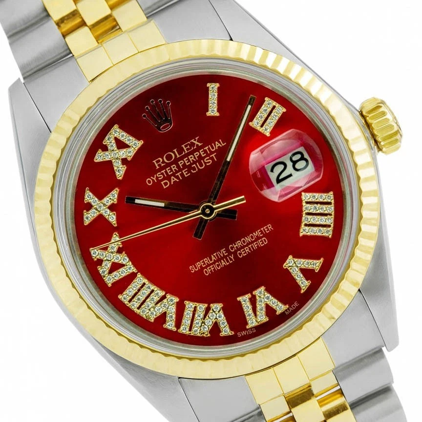 Reloj Rolex Datejust Unisex 16233 Dos Tonos Rojo Diamante Esfera Romana Acanalada Jubileo