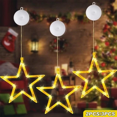 2/3x LED Star Window Lights Battery Operated suction cup Timer Christmas Lights