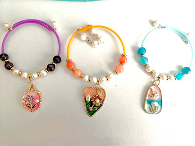 Süßwasserperlen 3er Pack Armbänder Pfirsich Chalcedon, Amethyst, blau gebänderter Achat