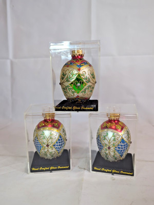 NOS Set Of 3 Unique Treasures Glass Jeweled Egg Shaped Christmas Ornament  D2