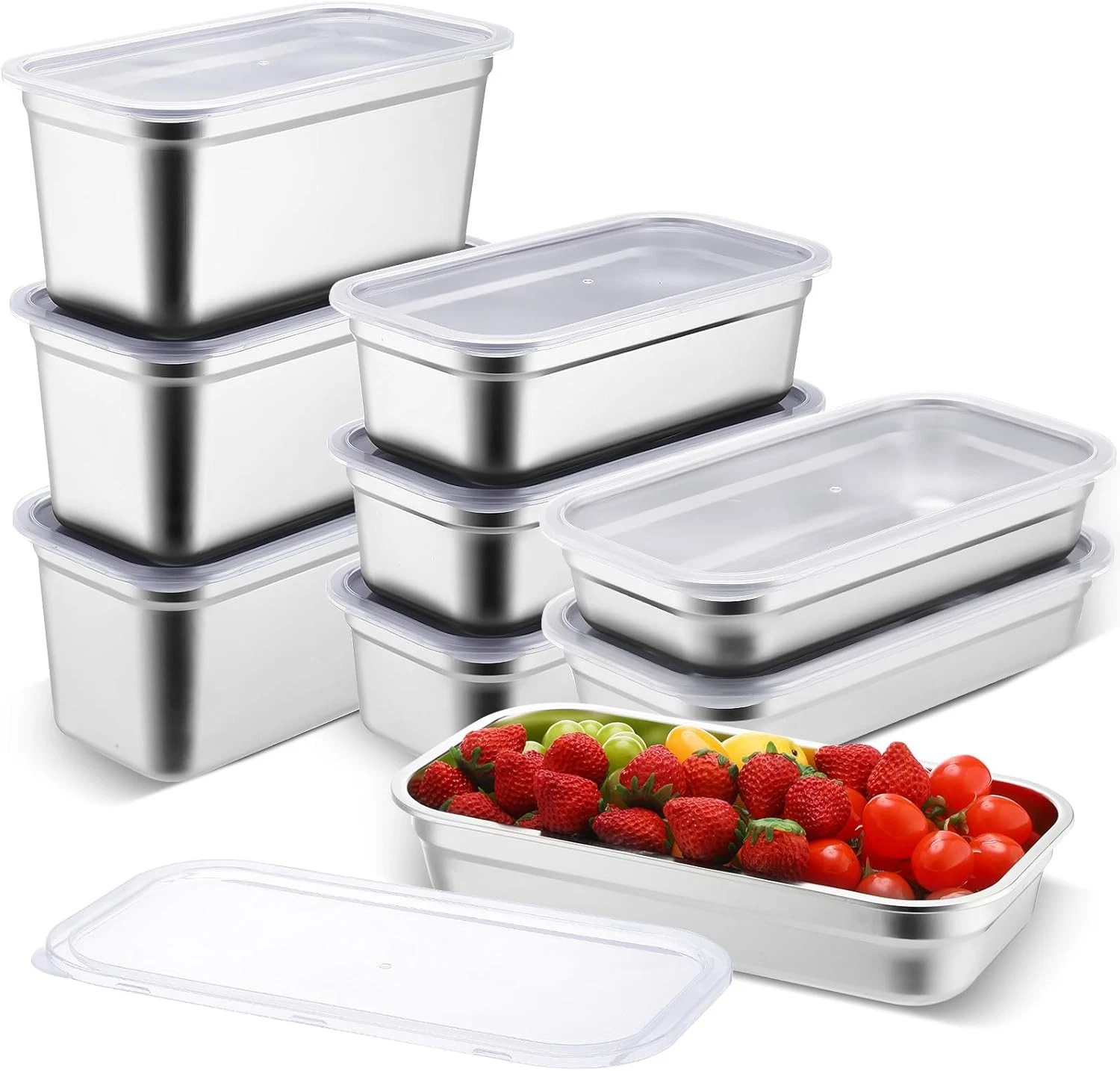 9 Pcs Stainless Steel Food Storage Containers W/ Lids 1/3 Size Hotel Pans Steam