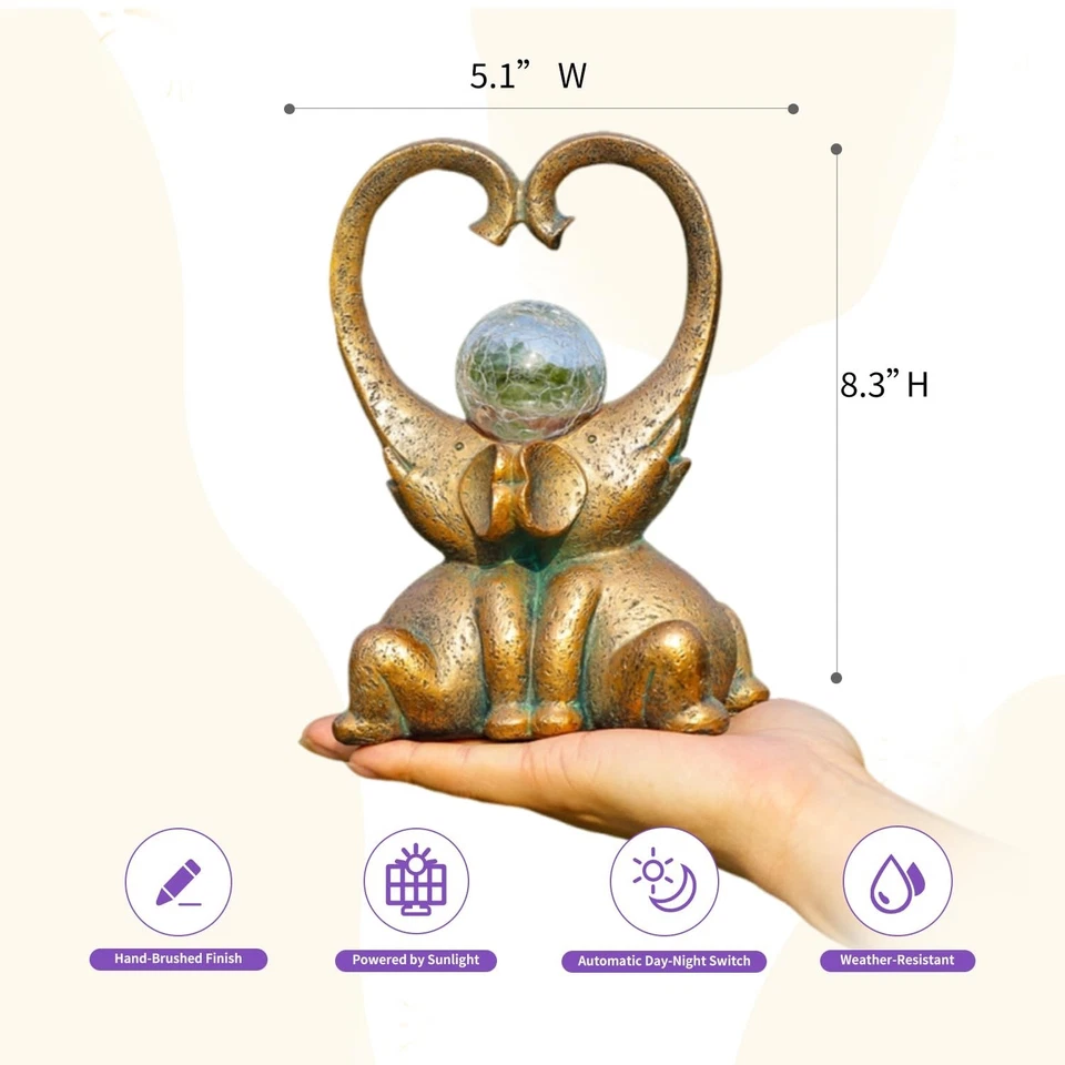 WHIMSYNOOK 7.9" Estatua de Jardín Elefante de Bronce con Troncos en Forma de Corazón y Sola... Foto 3 de 4