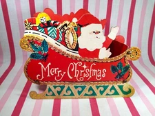 1960's Collapsible Cardboard Santa & Sleigh Centerpiece or Christmas Card Holder