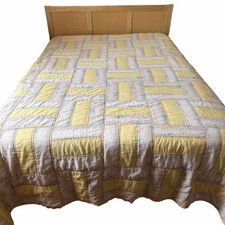 VTG Handmade Rail Fence Quilt Queen Size Yellow Gingham Cottagecore Floral