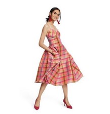Isaac Mizrahi Plaid Midi Dress Sleeveless 100% Silk Orange/Pink -Sex In The City