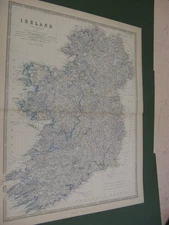 100% ORIGINAL LARGE IRELAND MAP , large original antique MAP  Johnston, 1872