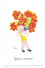 Aina Stenberg Original Swedish Artist signed Child with flowers Sweden Holm PC