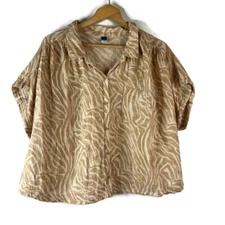 Old Navy Womens Shirt Top Size 2X Tan Zebra Button Up Boxy Gauzy Short Sleeve