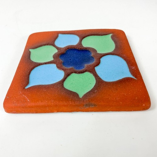 Catalina Island Ceramic Terracotta Tile Blue Green Flower 4" x 4" Wall hanging - Picture 4 of 4