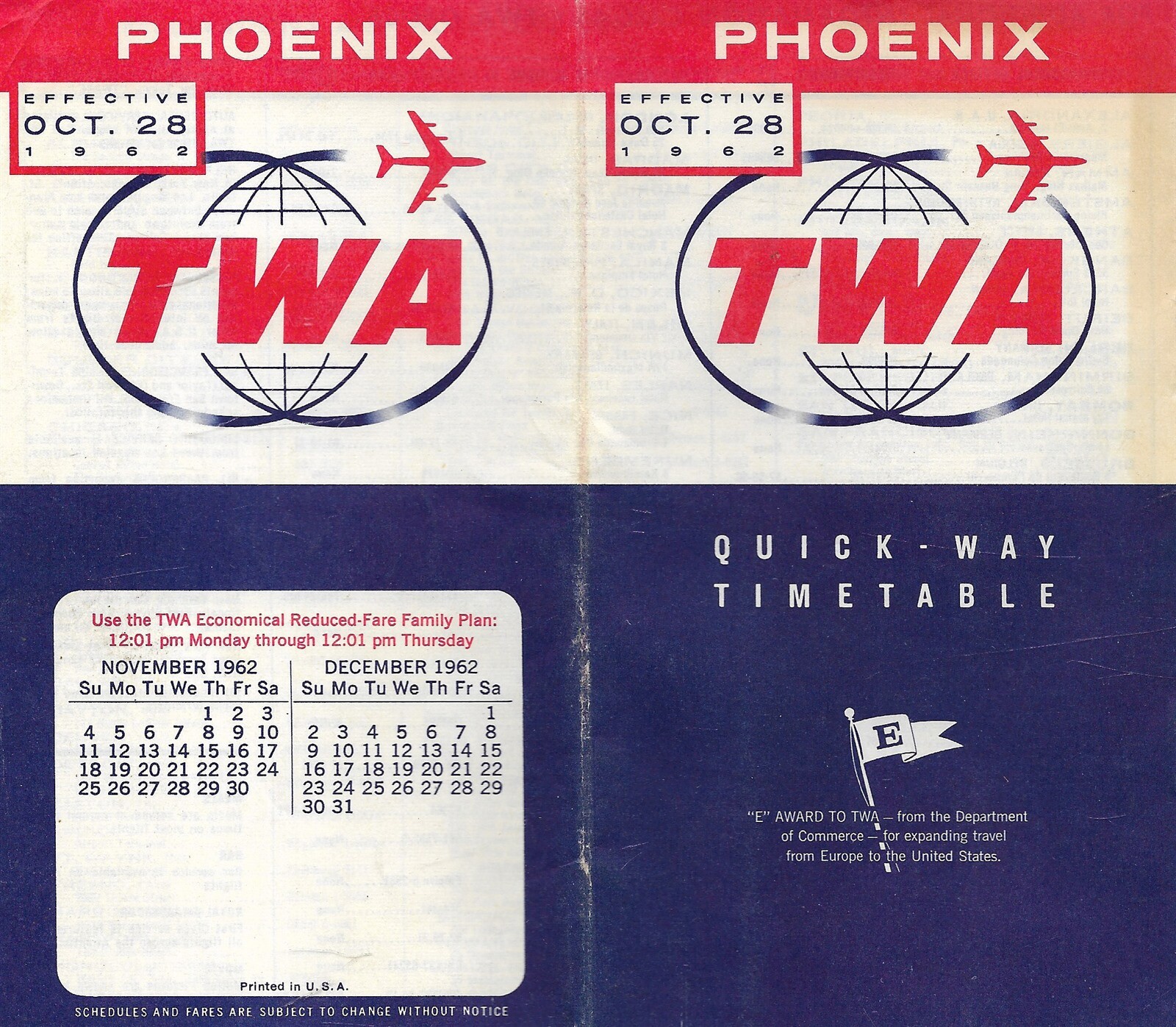 TWA Airlines Original Brochure/Booklet Timetable PHOENIX Effective Oct ...