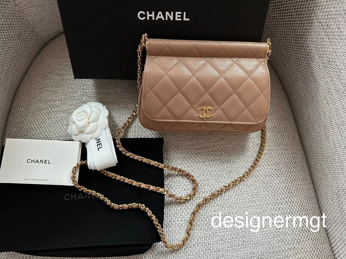 MIB 100 AUTH Chanel 22K Beige Caviar Leather Clutch with Chain Bag