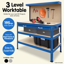 3-Layer Steel Work Bench Garage Storage Table Tool  Shelf Pegboard Drawer- Blue