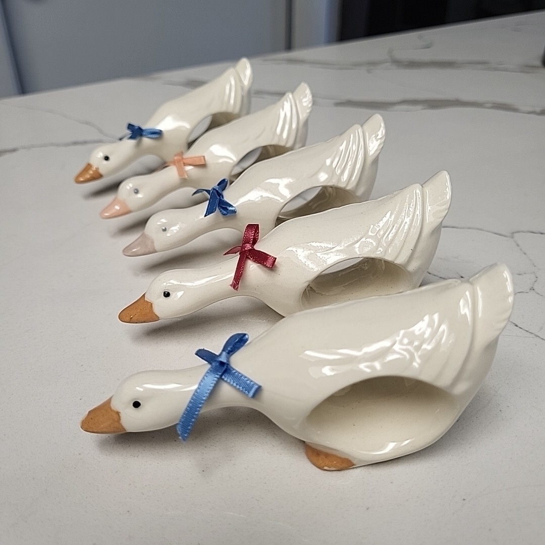 Vintage White Ceramic Goose Napkin Rings Set Of 5 Long Neck Goose Duck