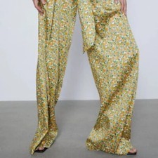 ZARA WOMEN'S GREEN YELLOW FLORAL SATIN WIDE LEG TIE WAIST PANTS SIZE S NWOT
