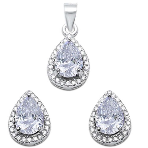 Halo 2.50ct Pear Shape White Cz .925 Sterling Silver Pendant & Earring Set - Picture 2 of 2
