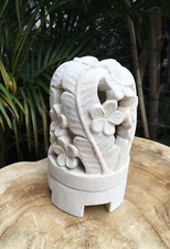 Balinese Limestone Garden Or Table Lantern- Hand Carved Frangipani Leaf 17 cm