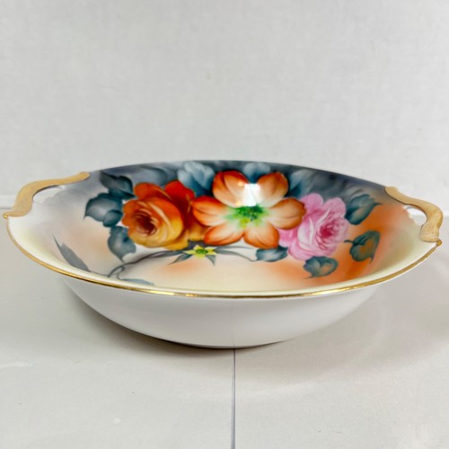 NORITAKE MORIMURA HAND PAINTED Gold DOUBLE HANDLE BOWL 9 3/4” Orange Pink FLORAL - Picture 6 of 8