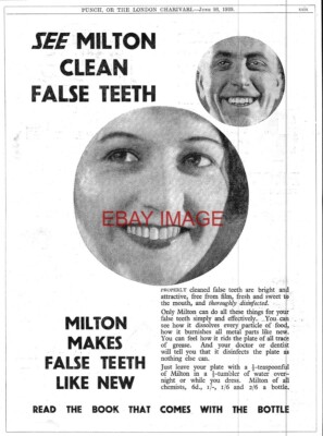 1929 Werbung für MILTON Antiseptic Falsche Zähne Reiniger #2 Zahnersatz Druck Anzeige 741/88