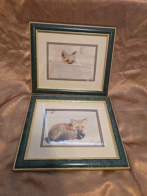 Rare Set Of 2 Richard Mousel Foxes In Snow Signed Photography Prints Green Frame