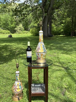 Original MCM Bitossi Style Ceramic Lamps PAIR Wine Bottle Pattern