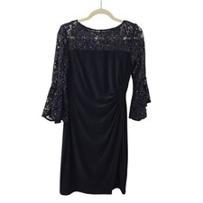 Lauren Ralph Lauren Navy Ruched Sequin Embellished Lace Bell Sleeve Dress Size 4
