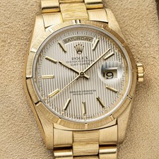 Rolex Day-Date 36mm 1999 Box & Papers ‘Bark’ Silver Tapestry Dial Ref. 18248