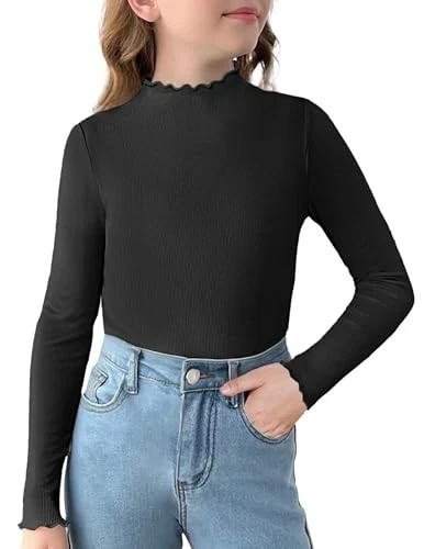  Girls Lettuce Trim Mock Neck Long Sleeve Shirts Ribbed Knit 9-10 Years Black - Image 2 of 4